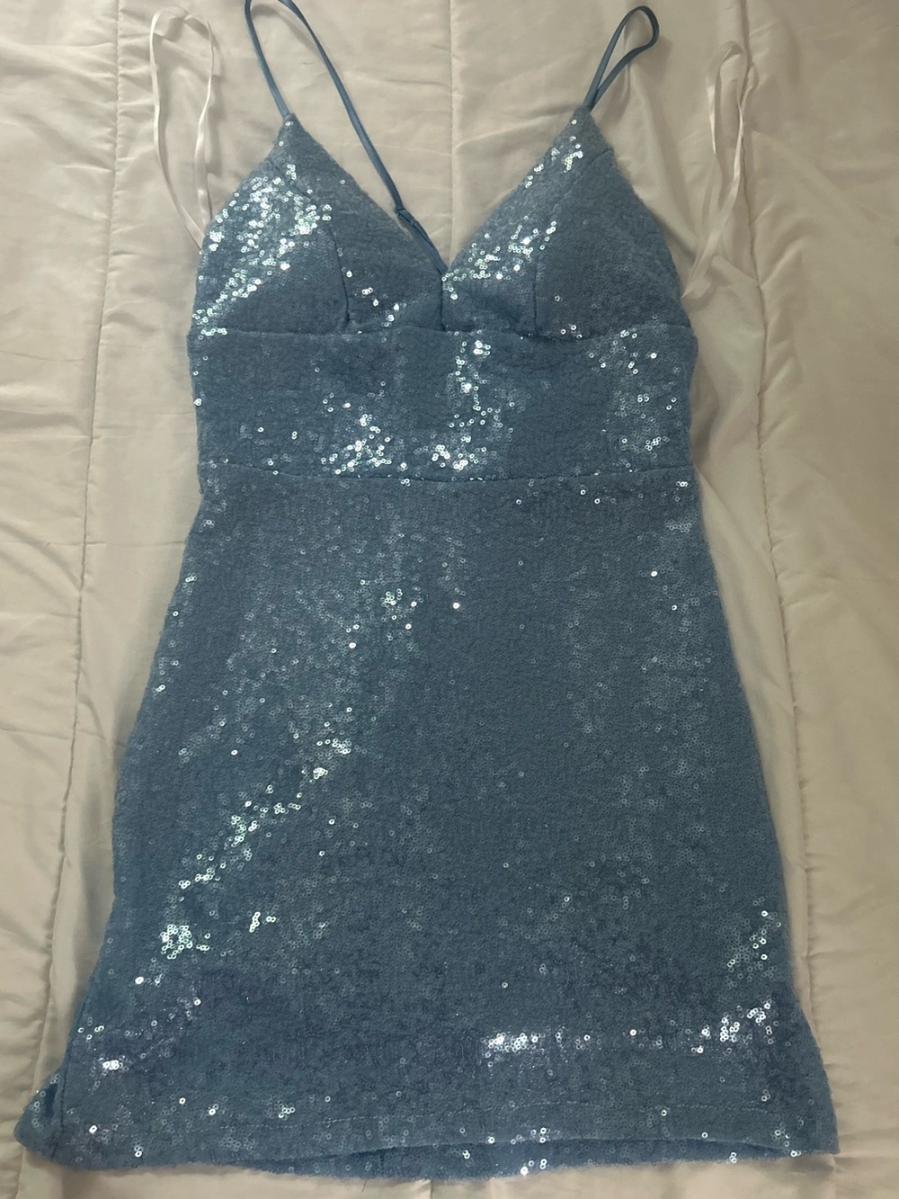 Darling Sequin Spaghetti Strap Mini Dress in Light Blue- B Darlin
